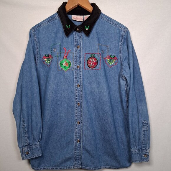 Vintage Basic Editions Holiday Christmas Shirt M Denim Chambray Jean Ornaments - Picture 3 of 16
